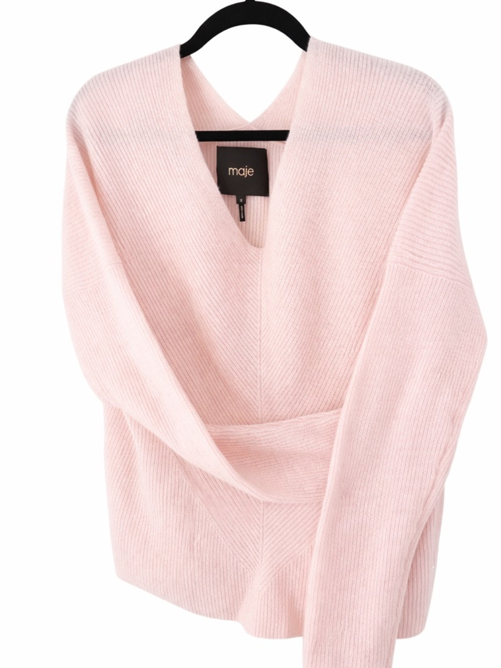 Maje Light Pink V-Neck Cashmere Ribbed Sweater